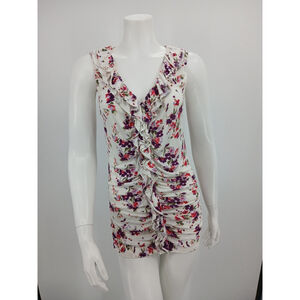Express Womens Blouse M White Floral Pullover Stretch Top V-Neck Sleeveless